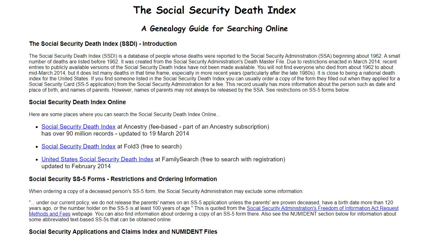 Social Security Death Index - Information for Online Searching